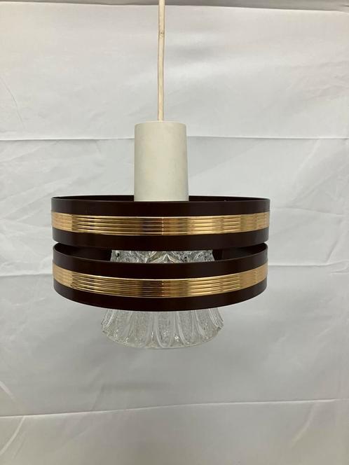 Vintage hanglamp met ijzeren ring en glazen binnen kap, Huis en Inrichting, Lampen | Losse lampen, Gebruikt, Ophalen of Verzenden
