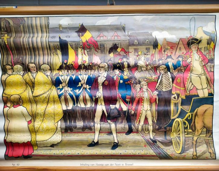 Oude schoolplaat ‘Inhaling Heintje Van der Noot te Brussel, Antiek en Kunst, Antiek | Schoolplaten, Geschiedenis, Ophalen of Verzenden