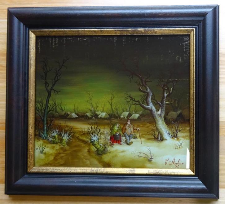 Vlado Makar, 34 x 30 cm , Op wandel in de sneeuw, églomisé, Antiek en Kunst, Kunst | Schilderijen | Modern, Ophalen