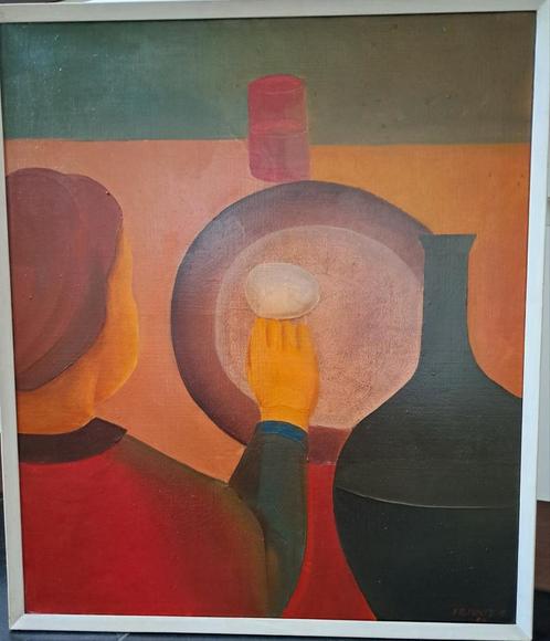 FRIMOUT Cyr "Vrouw aan tafel" 1960 olie op doek, Antiquités & Art, Art | Peinture | Moderne, Enlèvement