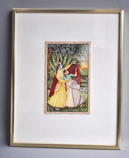 Vishnu & Laksmi, India, 1850-1900, schilderij op kamelenbot, Verzamelen, Religie, Zo goed als nieuw, Hindoe, Overige typen, Ophalen of Verzenden