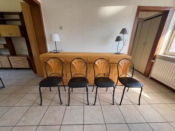 Lot de 4 chaises bois clair et simili cuir noir, pieds métal, Vintage 1979, Enlèvement, Utilisé, Bois