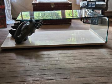 Table basse marbre clair, tête de cheval en bronze, Enlèvement, Comme neuf, Verre