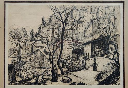 Job Nixon, 'Italian Hill Town' Drypoint 25.5x35.5cm, Antiek en Kunst, Kunst | Etsen en Gravures, Ophalen of Verzenden