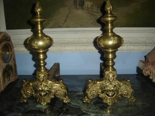 Paire de grands chenets en bronze d'époque 19e, Antiek en Kunst, Antiek | Brons en Koper, Brons, Ophalen of Verzenden