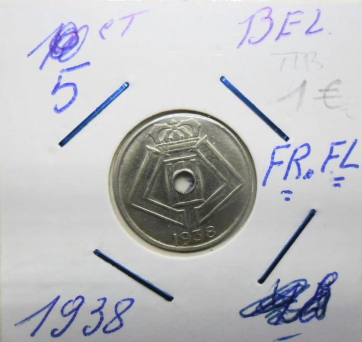 België 5 cent 1938 Fr/Nl TTB-valuta, Postzegels en Munten, Munten | België, Losse munt, Overig, Verzenden