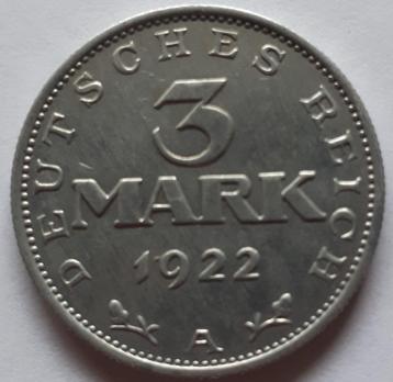 ALLEMAGNE/ALLEMAGNE ; 3 MARK 1922 A KM 29 SUPERBE disponible aux enchères