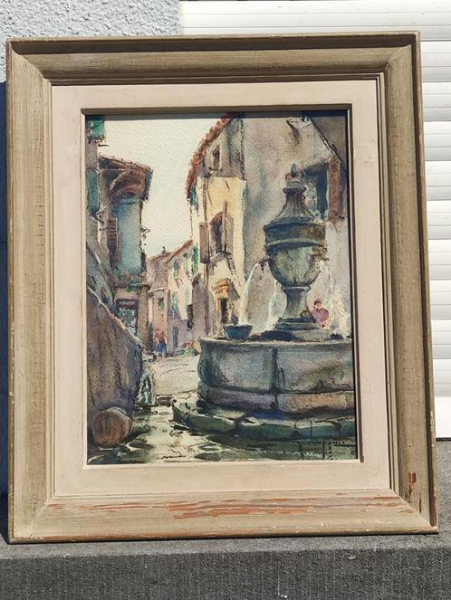 aquarelle fontaine st paul de vence signe, Antiek en Kunst, Kunst | Schilderijen | Klassiek, Ophalen of Verzenden
