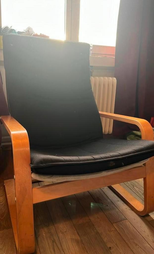 Fauteuil en bois, tissu noir, vintage, Maison & Meubles, Fauteuils, Comme neuf, Bois, Enlèvement
