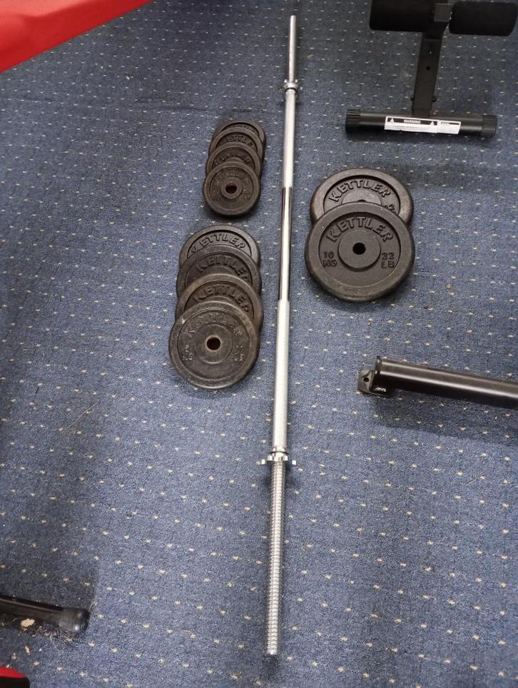 Barre 180 cm + 50 kg disques fonte muscu Kettler - diam 30mm, Sport en Fitness, Fitnessmaterialen, Gebruikt, Halterschijven, Ophalen