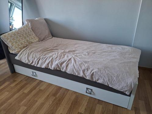 Kwaliteitsvol eenpersoonsbed met opberglade (wit met grijs), Huis en Inrichting, Slaapkamer | Bedden, Gebruikt, Eenpersoons, 90 cm