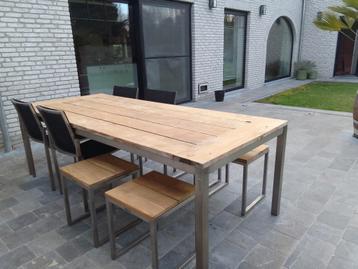 Bristol tuintafel en stoelen in inox en teak, Tuin en Terras, Ophalen, Gebruikt, Inox