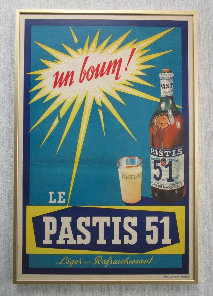 Vintage affiche Pastis 51 ingekaderd, Collections, Marques & Objets publicitaires, Utilisé, Panneau publicitaire, Enlèvement ou Envoi