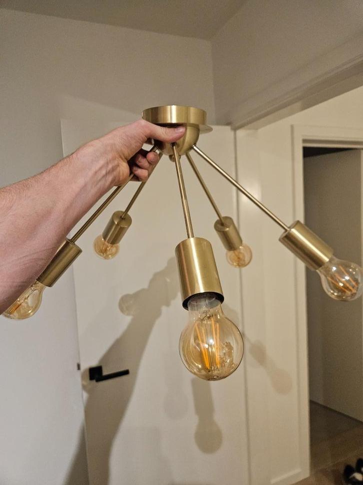 Art deco plafondlamp goud 5-lichts -Facil, Huis en Inrichting, Lampen | Plafondlampen, Zo goed als nieuw, Glas, Metaal, Ophalen