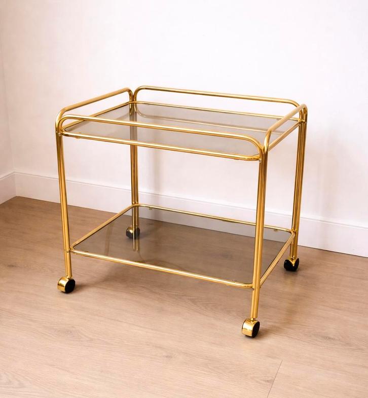Vintage messing serveerwagen / trolley / theewagen / barcart, Maison & Meubles, Tables | Dessertes, Comme neuf, 25 à 50 cm, 50 à 100 cm