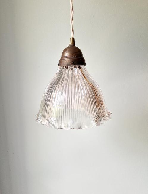 Holofaansuspensie in transparant gegroefd glas, 1920-30, Antiek en Kunst, Antiek | Verlichting, Ophalen of Verzenden