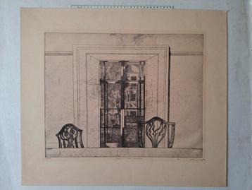 Ongewone ets Interieur met twee stoelen en venster uit 1973 beschikbaar voor biedingen