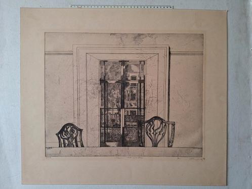 Ongewone ets Interieur met twee stoelen en venster uit 1973, Antiek en Kunst, Kunst | Etsen en Gravures, Ophalen of Verzenden