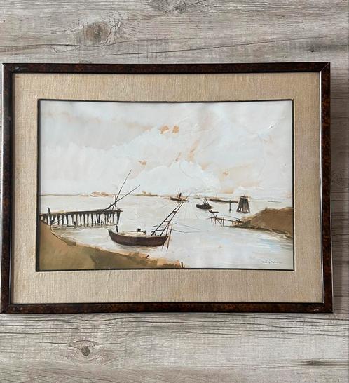 René Marie Dujardin Aquarel Havenzicht met boten, Antiek en Kunst, Kunst | Tekeningen en Fotografie, Ophalen of Verzenden