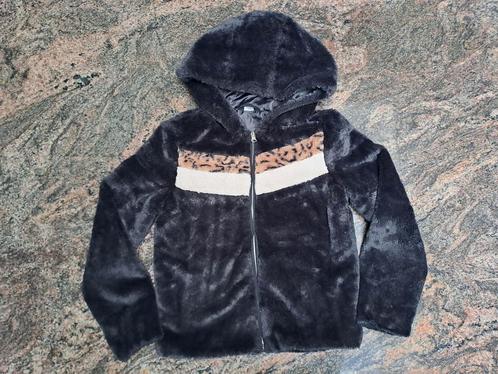 Mt 134-140 Zwart, witte, tijger faux fur jas met kap en rits, Kinderen en Baby's, Kinderkleding | Maat 134, Zo goed als nieuw