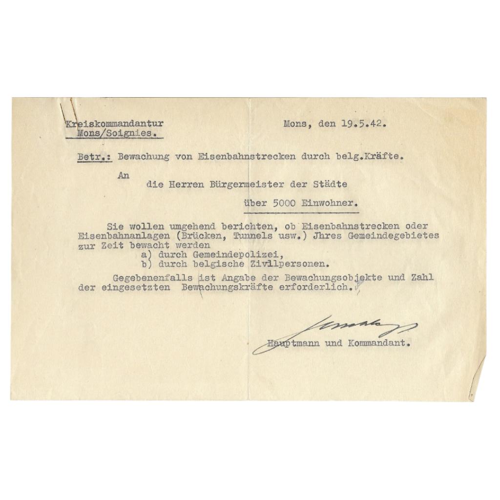 Duits Document – Bewaking Spoorwegen Mons/Soignies - 1942, Ophalen of Verzenden, Landmacht, Overige typen