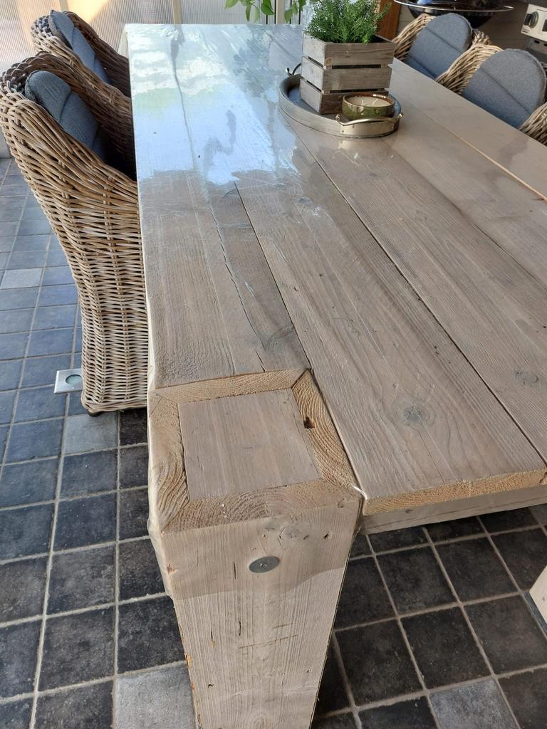 Tuinset tafel hout en 6 rieten stoelen, Ophalen, Gebruikt, Rechthoekig, Hout