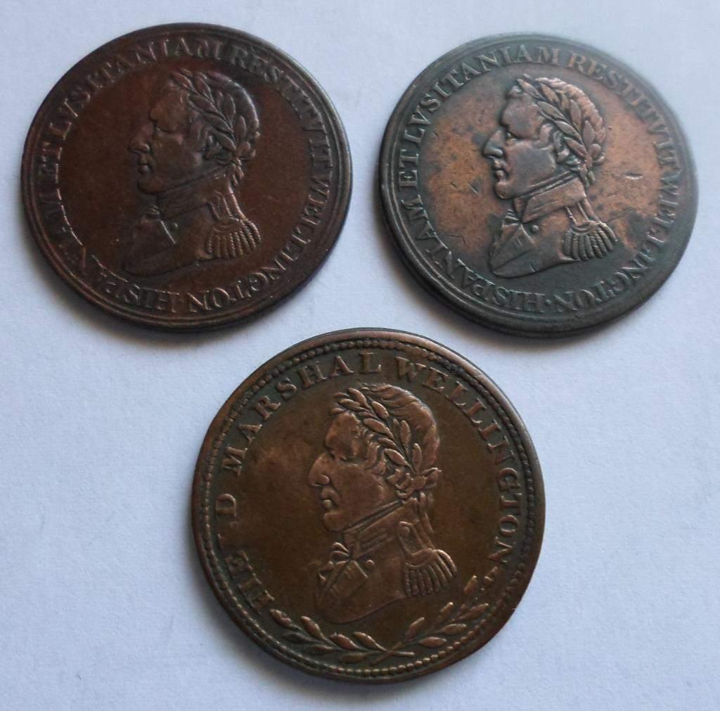 3 verschillende half penny Wellington tokens 1812 - 1813, Postzegels en Munten, Penningen en Medailles, Brons, Verzenden