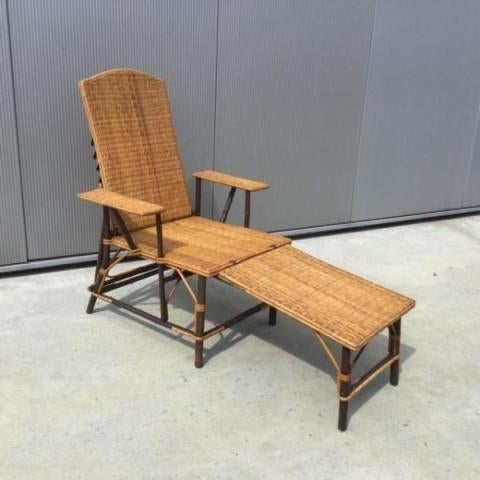 Vintage Franse rotan loungestoel, Ophalen, Gebruikt, Rotan, Verstelbaar