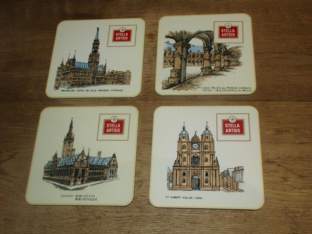 STELLA ARTOIS 4 OUDE ONDERZETTERS 10 x 10 CM VOOR GLAZEN, Collections, Marques de bière, Comme neuf, Autres types, Stella Artois