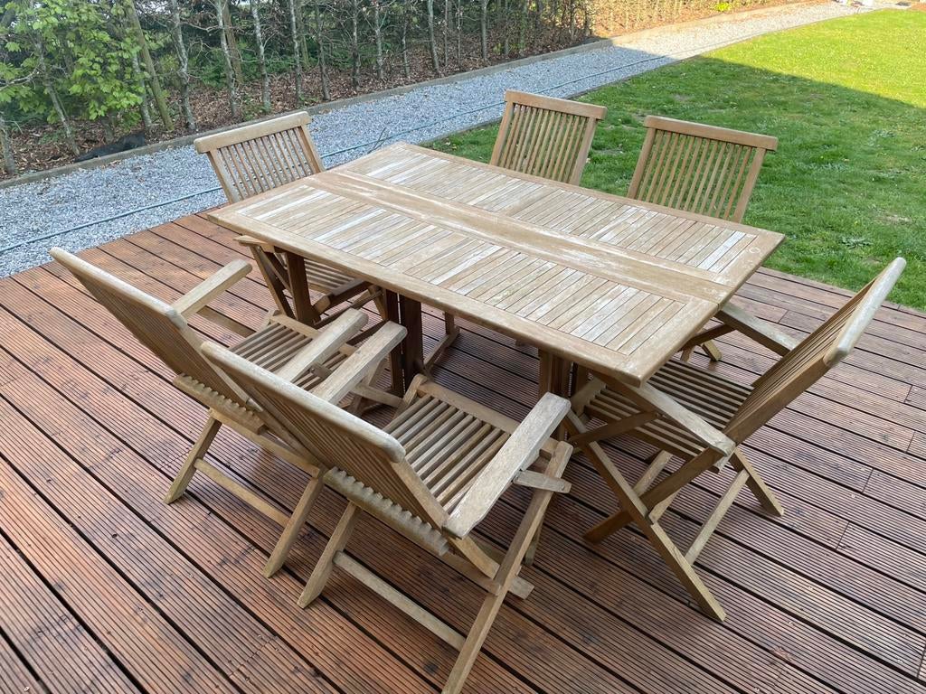 Tuintafel met stoelen, Tuin en Terras, Ophalen, Eettafel, 6 zitplaatsen, Teakhout