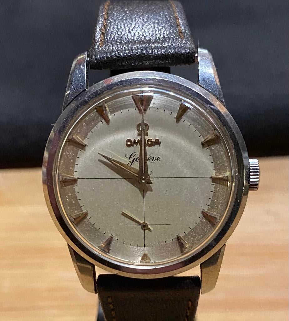 Omega Genève 1959, Bijoux, Sacs & Beauté, Montres | Hommes, Montre-bracelet, Enlèvement ou Envoi, Cuir, Acier