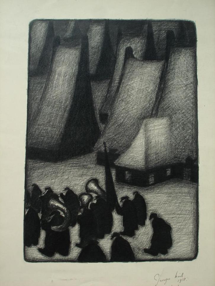 winter 1932 Georges (Géo) Noel fanfare in het dorp houtskool, Antiek en Kunst, Kunst | Schilderijen | Modern, Ophalen of Verzenden