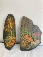 VINTAGE HANDGESCHILDERDE STENEN VOLKSKUNST - HERT IN HET BOS, Antiek en Kunst, Ophalen of Verzenden