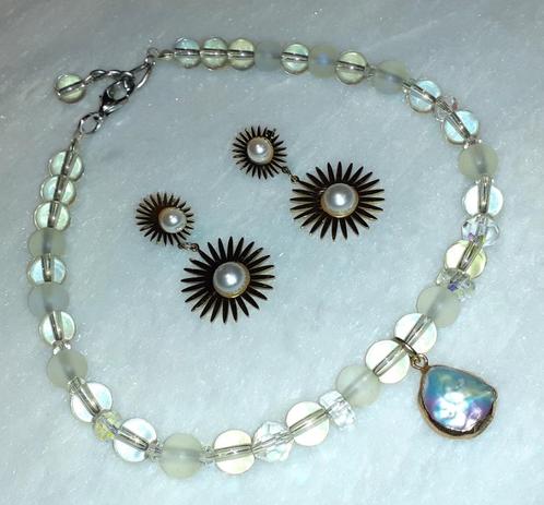 Juwelenset met zoetwaterparel, Handtassen en Accessoires, Kettingen, Nieuw, Steen of Mineraal, Wit, Met edelsteen, Met hanger