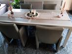 Mooie moderne eetkamer.Tafel,dressoir,spiegel en 4 zetels, Ophalen, Zo goed als nieuw, 200 cm of meer, Glas