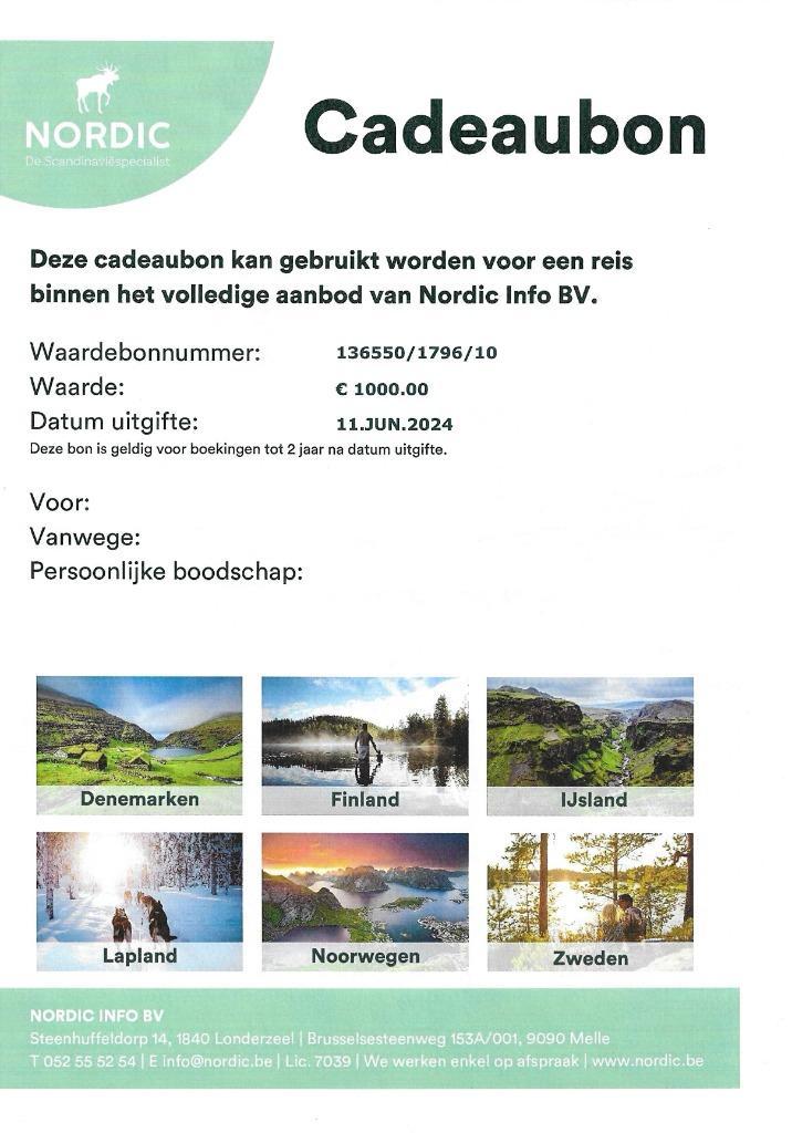 Nordic reizen cadeaubon, Tickets en Kaartjes, Kortingen en Cadeaubonnen, Cadeaubon