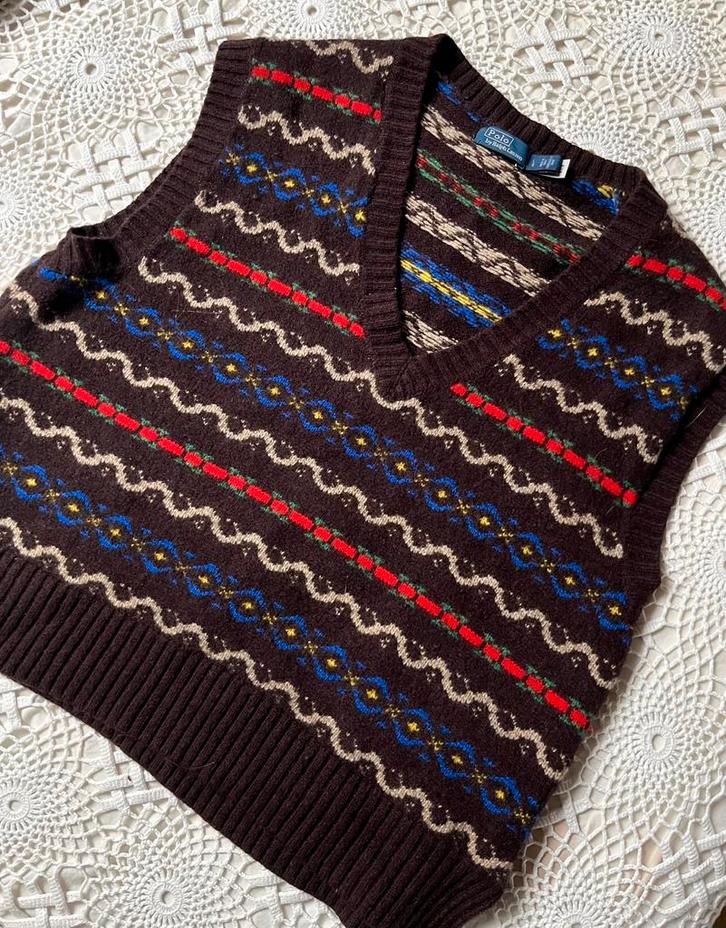 Polo Ralph Lauren – Fair Isle gebreide spencer 96% wol L, Kleding | Dames, Truien en Vesten, Gedragen, Maat 42/44 (L), Bruin, Verzenden