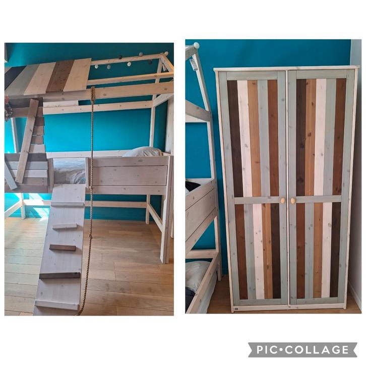 2 stuks: Boomhutbed (half-)hoogslaper en bijhorende kast, Kinderen en Baby's, Kinderkamer | Stapelbedden en Hoogslapers, Zo goed als nieuw