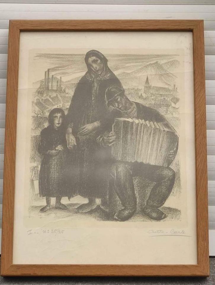 Lithographie famille du mineur signe Anto carte, Antiek en Kunst, Kunst | Litho's en Zeefdrukken, Ophalen of Verzenden