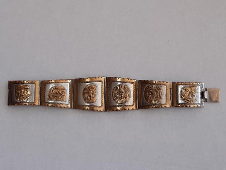VINTAGE 925 STERLING ZILVER & GOUD TAXCO PANEL ARMBAND, Antiek en Kunst, Antiek | Zilver en Goud, Goud, Zilver, Ophalen