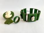 Groen Bakeliet Camee Broche, Armband en bijpassende ring, Verzenden, Groen