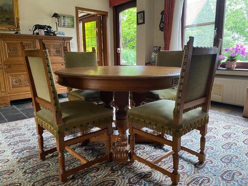 Eiken uitschuifbare eettafel met 6 stoelen (rond of ovaal), Huis en Inrichting, Tafels | Eettafels, Gebruikt, 100 tot 150 cm, 200 cm of meer