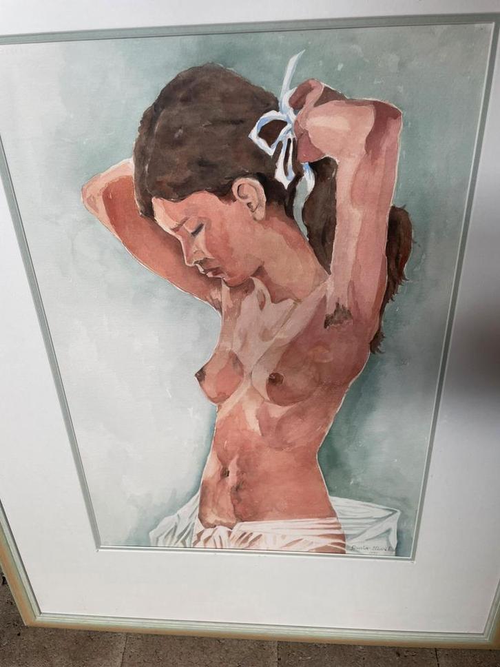 Schilderij aquarel 85/65 zeer mooi ingekaderd getekend 50 e, Antiek en Kunst, Kunst | Schilderijen | Modern, Ophalen