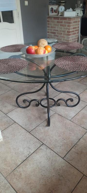 Table pied fer forgé et verre et 4 chaises fer forgé, Maison & Meubles, Enlèvement, Utilisé