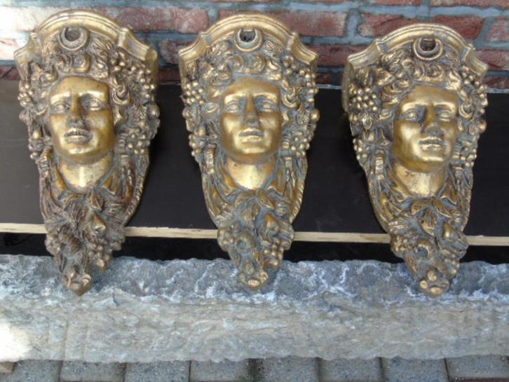 wandconsole, goudgepatineerd gezicht, set van 3 stuks., Tuin en Terras, Tuinwanddecoratie, Nieuw, Ophalen