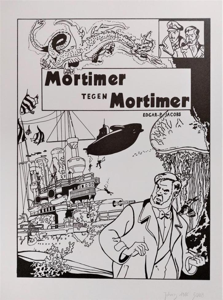 Print niet bestaande cover 'Mortimer tegen Mortimer' Jacobs, Verzamelen, Stripfiguren, Zo goed als nieuw, Plaatje, Poster of Sticker