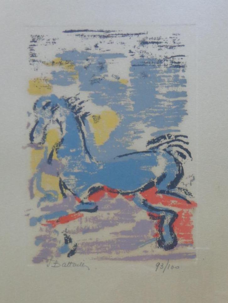 IRENE BATTAILLE / PAARDENKERMIS / KLEURLITHO / 46x36cm KADER, Antiek en Kunst, Kunst | Litho's en Zeefdrukken, Ophalen of Verzenden