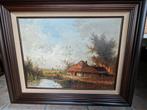 Olieverf schilderij boerderij op doek v Hansens b105 x h85, Antiek en Kunst, Ophalen