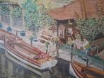 Kleurrijke aquarel van Jean De Ryck Boten naast fleurig huis, Antiek en Kunst, Ophalen of Verzenden
