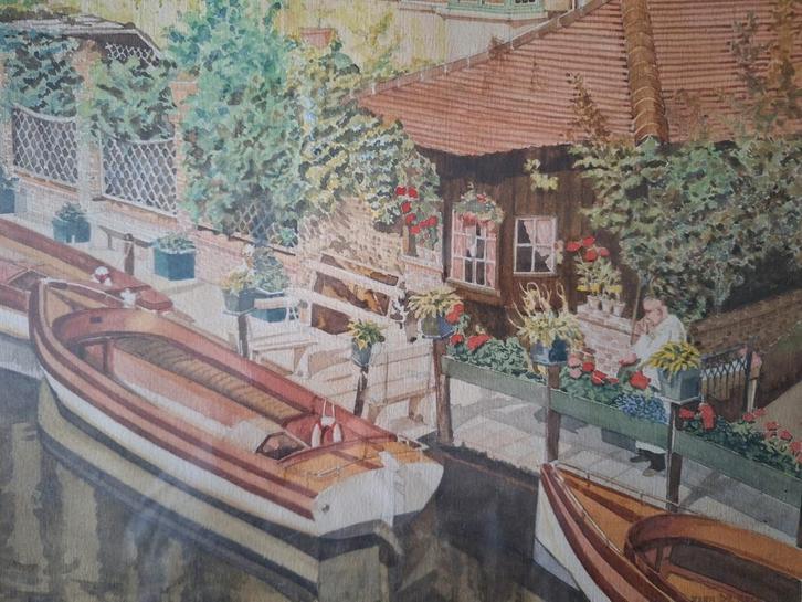 Kleurrijke aquarel van Jean De Ryck Boten naast fleurig huis, Antiek en Kunst, Kunst | Schilderijen | Klassiek, Ophalen of Verzenden